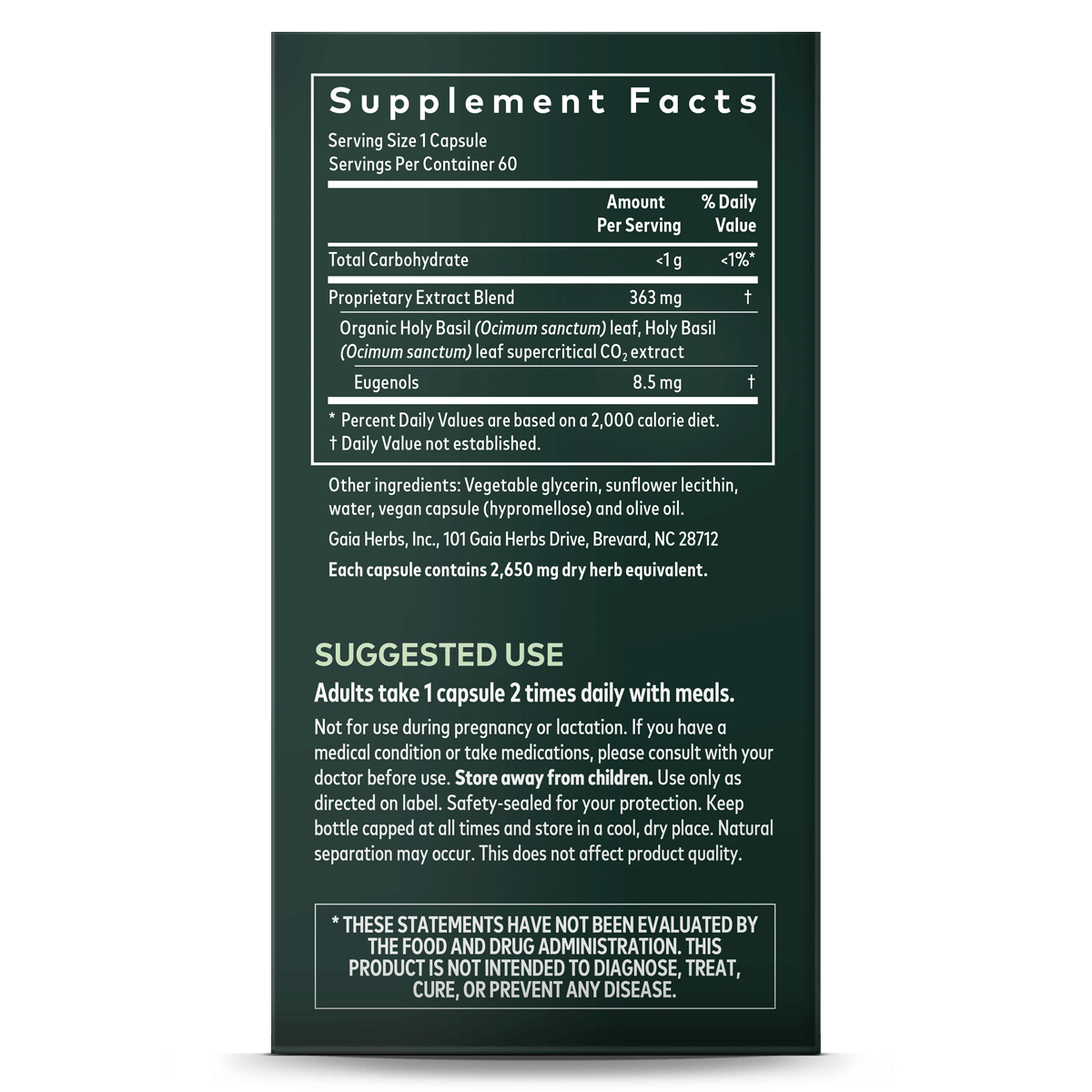 Gaia herbs holy basil leaf label2 , Puur & zorgvuldig gekozen