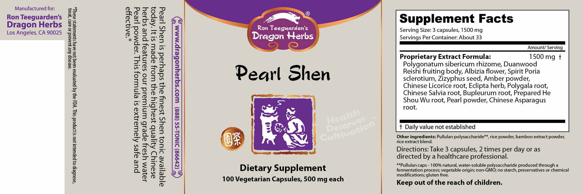 Dragonherbs pearl shen label , Met zorg samengesteld