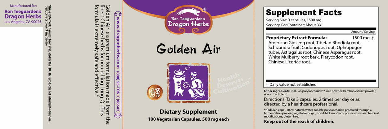 Dragonherbs golden air label , Met zorg samengesteld