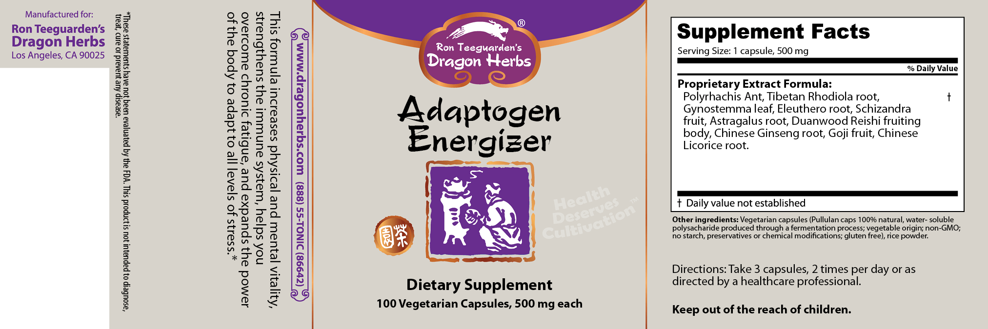 Adaptogen energizer label dragon herbs , Met zorg samengesteld