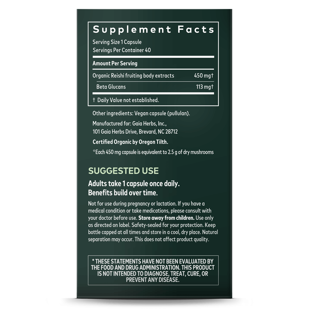 Gaia Herbs Reishi Mushroom label