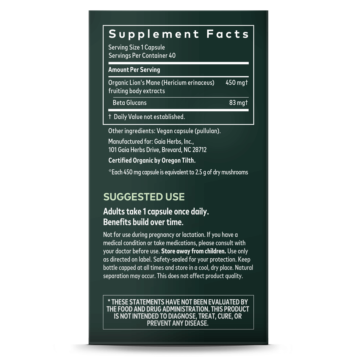 Gaia herbs lions mane mushroom label2 , Kwaliteit en puurheid gegarandeerd