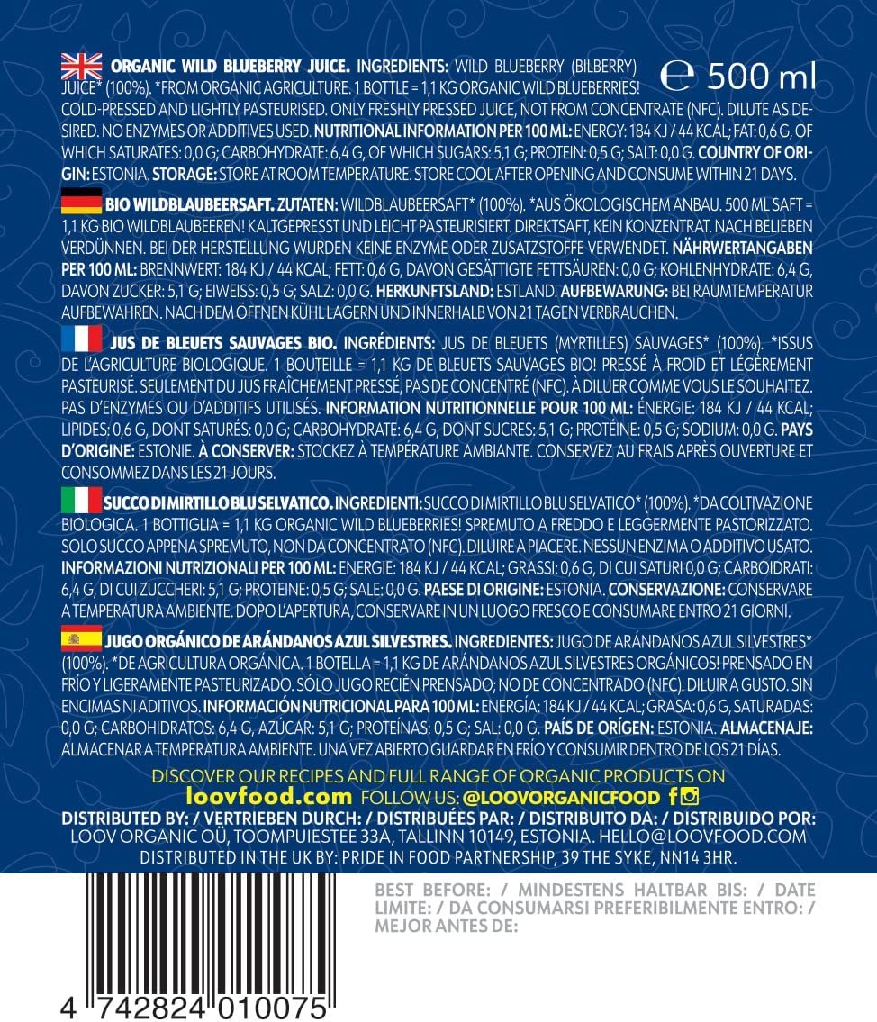 Wild blueberry juice loov label , Natuurlijke kwaliteit bij Morgen is Nu
