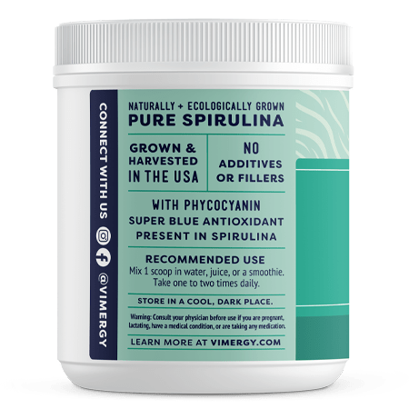 Vimergy spirulina powder label , Duurzaam en zorgvuldig uitgekozen