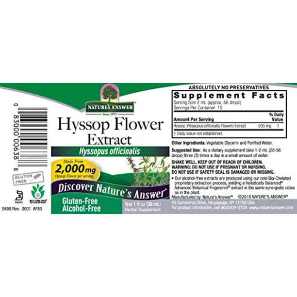 Natures answer hyssop flower extract label , Natuurlijke kwaliteit bij Morgen is Nu